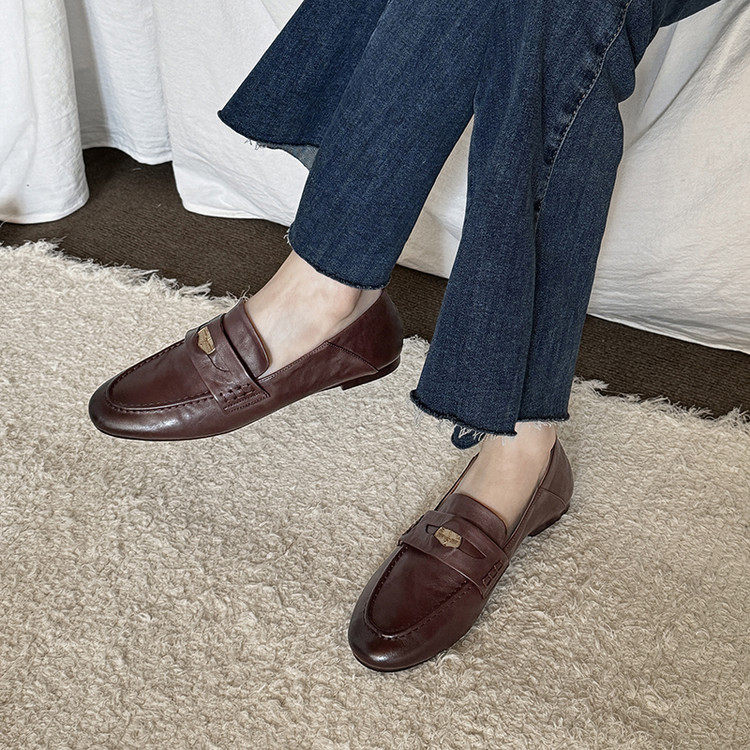 1cm英伦风真皮乐福鞋复古时尚金币小皮鞋一脚蹬平底圆头深口单鞋,女鞋,深口单鞋,淘宝优惠券,粉丝福利购,淘宝优惠卷