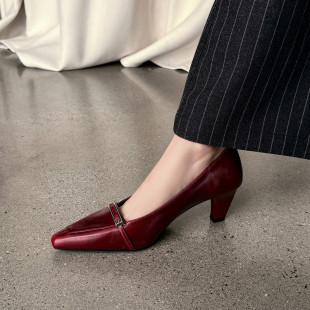 黑色一脚蹬气质皮鞋 6cm法式 2026新款 百搭通勤风尖头粗跟单鞋 时尚