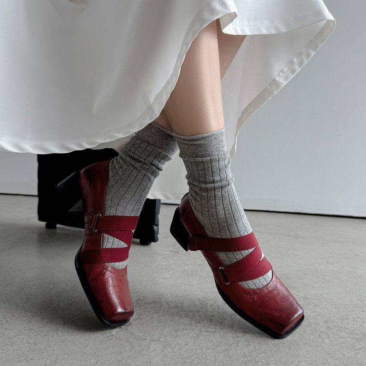 5cm高跟粗跟方头单鞋头层羊皮质感时尚酒红色小皮鞋百搭玛丽珍鞋