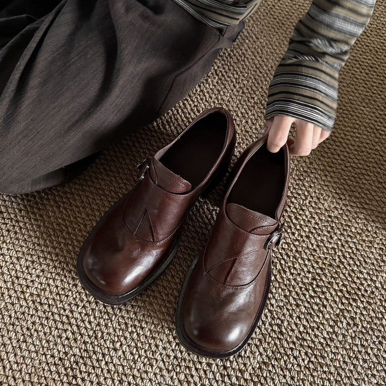 6cm复古小皮鞋时尚英伦风2026新款粗跟圆头棕色真皮软皮深口单鞋,女鞋,深口单鞋,淘宝优惠券,粉丝福利购,淘宝优惠卷