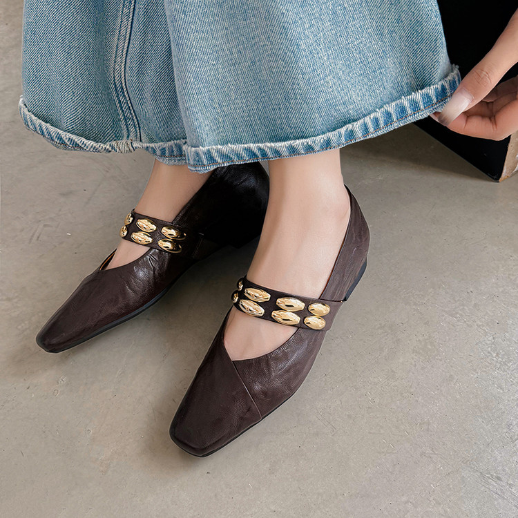 3.5cm 法式复古气质铆钉方头玛丽珍鞋百搭粗跟芭蕾舞单鞋