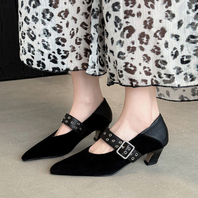 5cm黑色高跟鞋女2026新款尖头单鞋女春浅口时尚玛丽珍鞋33码40码