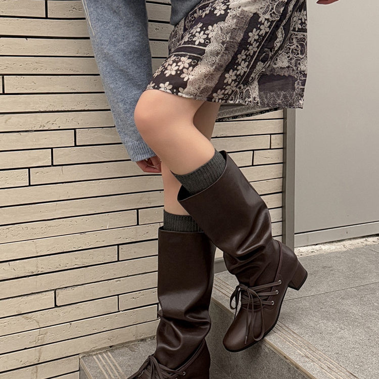 4.5CM2025新款粗中跟长靴高跟系带皱褶堆堆高筒靴宽筒单靴女鞋