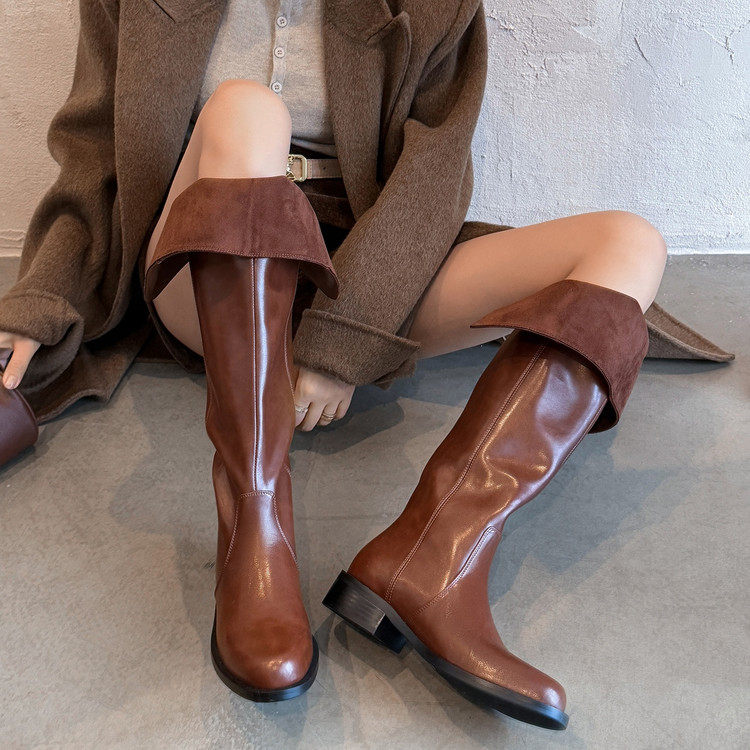 氛围感美拉德两穿翻折平底长靴