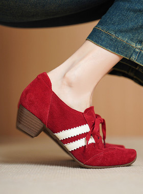 4cm复古风真皮反绒皮德训鞋2026春秋季新款红色方头中跟深口单鞋