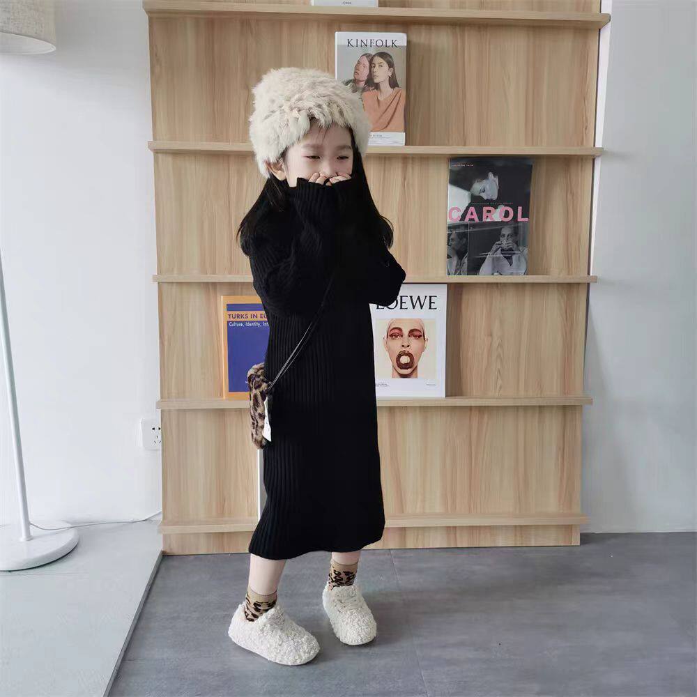 女童针织高领毛衣中长款2024秋冬季新款红色儿童打底连衣裙套头