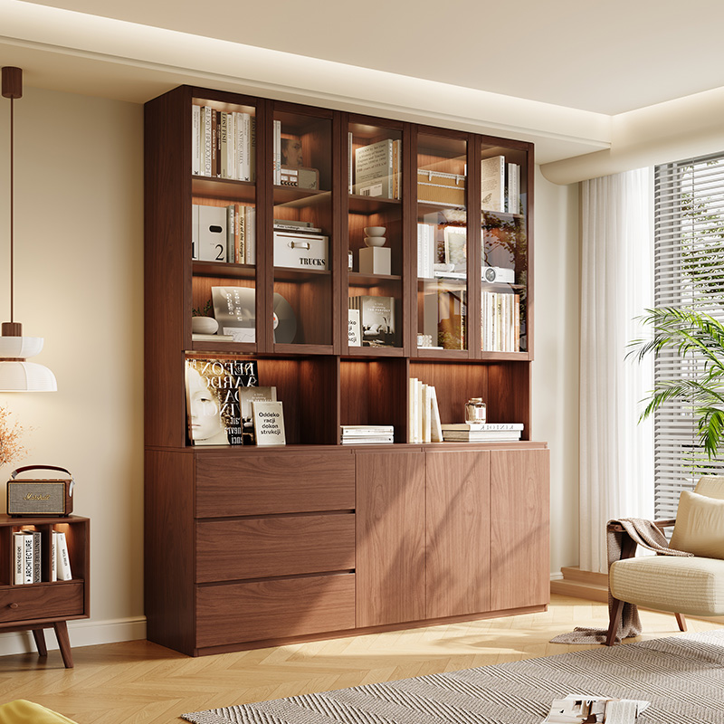 实木书柜书架一体靠墙定制