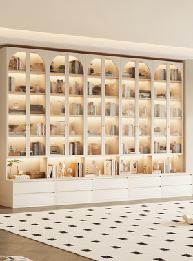 橡木实木书柜白色带玻璃门一体整墙组合落地展示柜法式奶油风