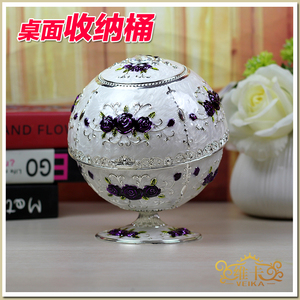 出口俄罗斯欧式珐琅彩手绘非木质合金桌面储物桶杂物桶垃圾桶