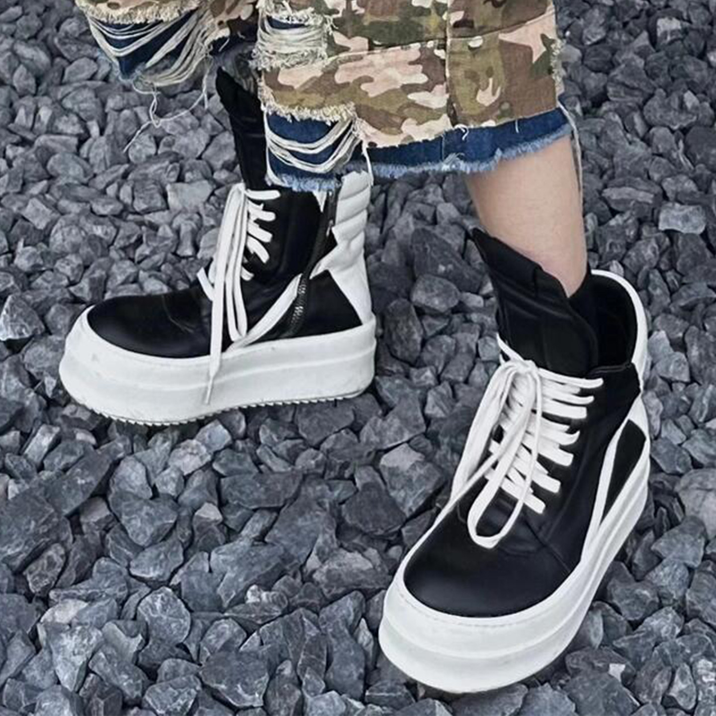 ro倒三角厚底马丁靴男侵权朋克高帮鞋奶香休闲真皮暗黑摇滚风短靴