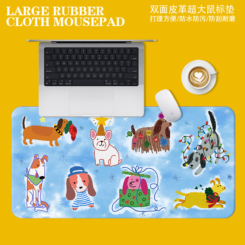原创超大ins皮革鼠标垫防水防滑学习游戏电脑耐脏桌垫彩狗滑鼠垫