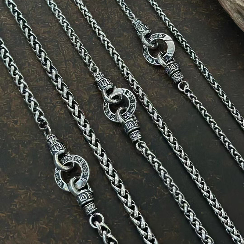 S925纯银复古六字真言双扣项链男女款复古潮流嘻哈龙骨链挂坠链