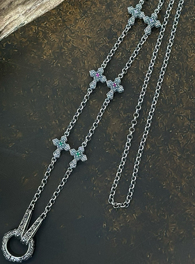 S925银镶钻十字架o字链男女唐草纹平安扣复古个性小众挂坠毛衣链