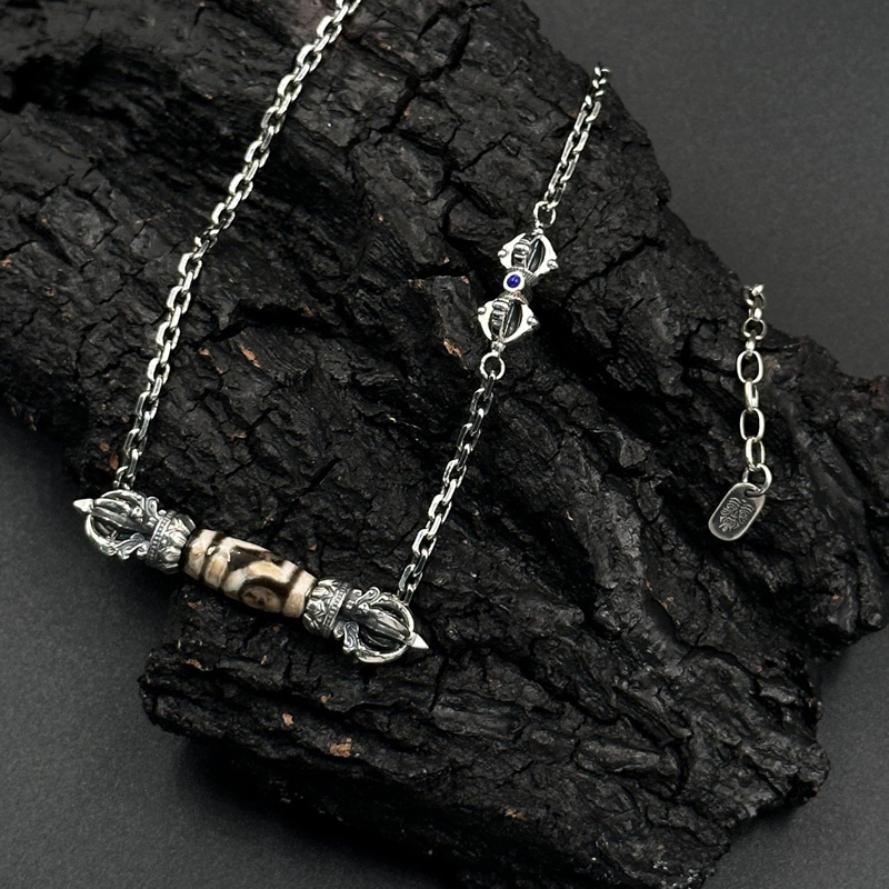 S925纯银藏式天珠项链金刚杵吊坠太角链复古国潮时尚个性毛衣链