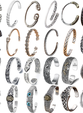 S925纯银复古重工紧箍咒金刚杵手链男女时尚个性潮流嘻哈狮子手环