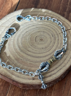 s925纯银复古做旧十字链金刚杵手链男女民族风太角项链百搭银套装