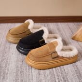 女冬季 加绒保暖厚底防滑半拖懒人鞋 女大码 毛毛勃肯鞋 43厚棉拖