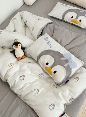 卡通小企鹅婴儿童被套单件a类纯棉柔软双层纱男孩床单被罩三件套