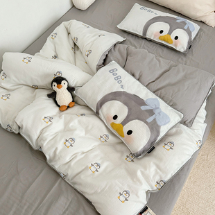卡通小企鹅婴儿童被套单件a类纯棉柔软双层纱男孩床单被罩三件套