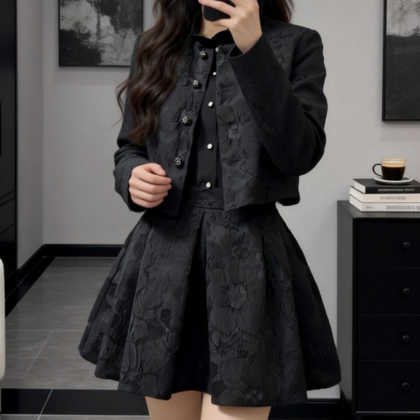 春秋女小众时尚韩版气质名媛小香风外套高腰显瘦减龄蓬蓬半身套裙