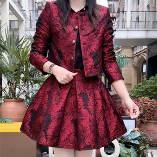 气质上衣显瘦高腰百褶半身裙伴娘装 时尚 春秋新年款 红色小香风套装