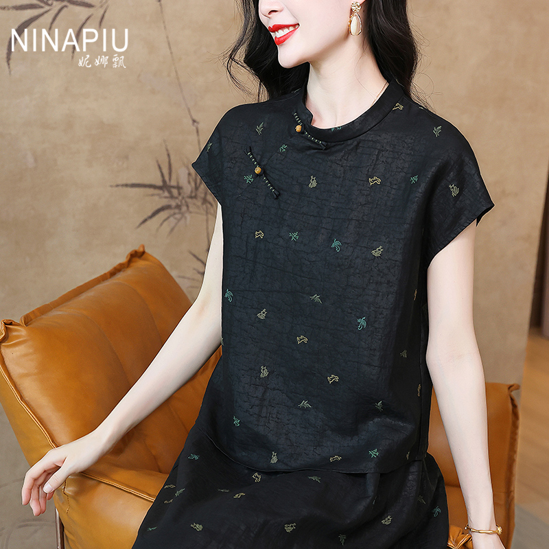 妮娜飘新中式复古香云纱真丝上衣