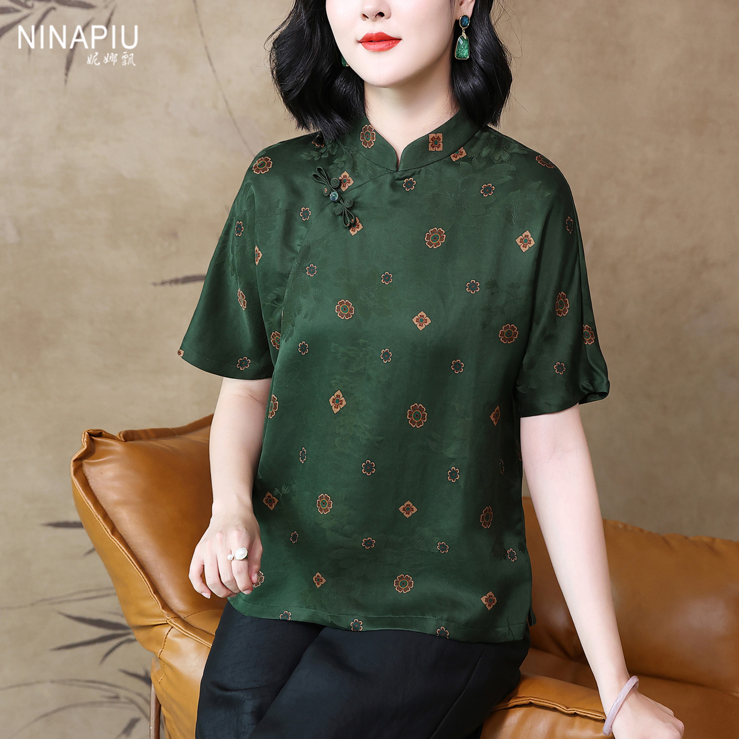 妮娜飘复古花色短袖香云纱真丝衫