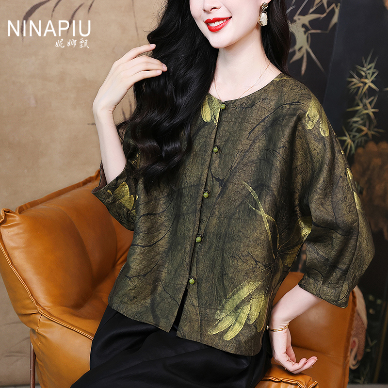 妮娜飘时髦烫金香云纱真丝上衣