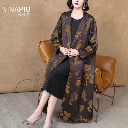 洋气优雅翻领长款宽松风衣外套女