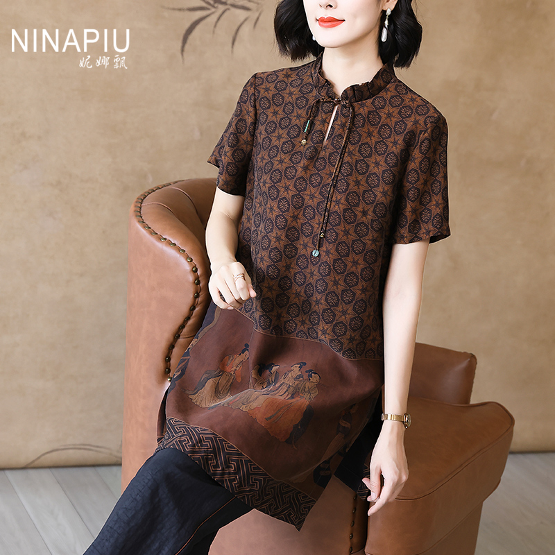 复古简约香云纱中长款真丝上衣女