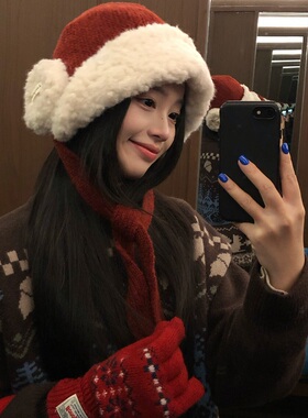 可爱红色护耳毛线帽女秋冬季加厚保暖毛绒雷锋帽显脸小绑带针织帽
