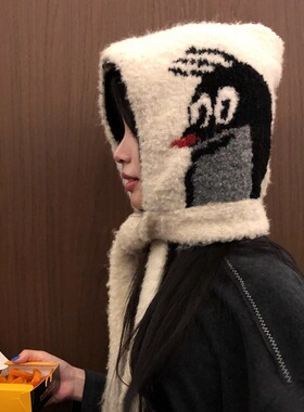 可爱小鼹鼠巴拉克拉法帽女秋冬季保暖绑带针织帽套头护耳毛线帽子
