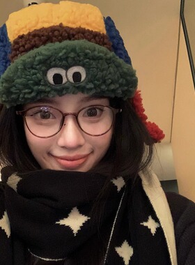 新款可爱羊羔毛绒雷锋帽女冬季撞色飞行员护耳帽学生搞怪保暖帽子