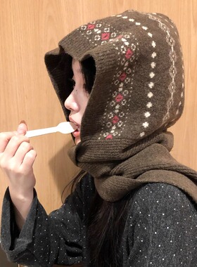 费尔岛帽子围巾一体连帽保暖针织帽女秋冬护耳巴拉克拉法帽毛线帽