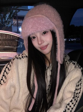 显脸小护耳针织帽女秋冬季大头围加厚飞行毛线帽保暖毛绒雷锋帽子