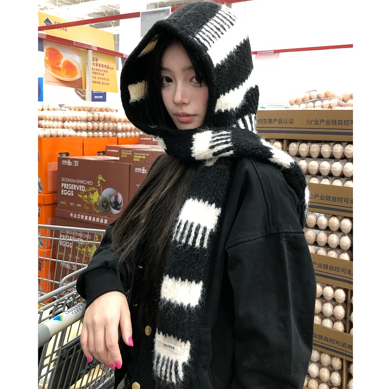 秋冬时尚针织毛线帽子围巾连帽女