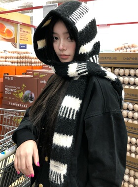 露丝同款条纹毛线帽子围巾一体连帽女秋冬季保暖针织帽护耳拉法帽