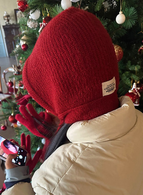 圣诞新年红色帽子围脖一体秋冬系带针织帽巴拉克法毛线帽保暖护耳