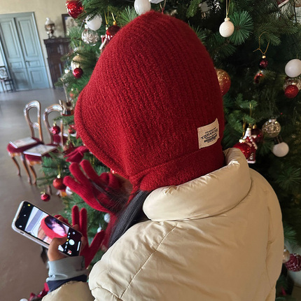 圣诞新年红色帽子围脖一体秋冬系带针织帽巴拉克法毛线帽保暖护耳