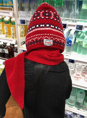 费尔岛显脸小红色针织帽子围巾一体秋冬保暖护耳巴拉克拉法毛线帽