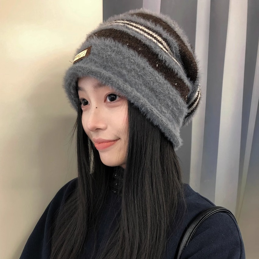 显脸小条纹针织毛线堆堆帽女秋冬