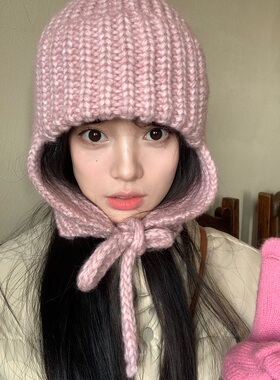 ins可爱粉色护耳毛线帽女秋冬季显脸小针织帽新款保暖骑车雷锋帽