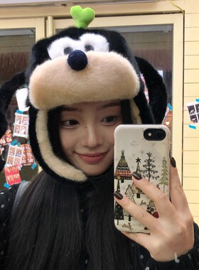 情侣卡通小狗毛绒帽子女冬季可爱加厚飞行员护耳帽防寒保暖雷锋帽