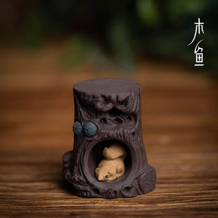 木鱼 手工盖置雕塑茶道摆件茶宠茶玩茶具 精品紫砂松鼠树桩壶盖托