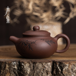 木魚 紫泥泡茶壺手拉壺茶具小號茶壺 宜興周婷手工雕刻仿古紫砂壺