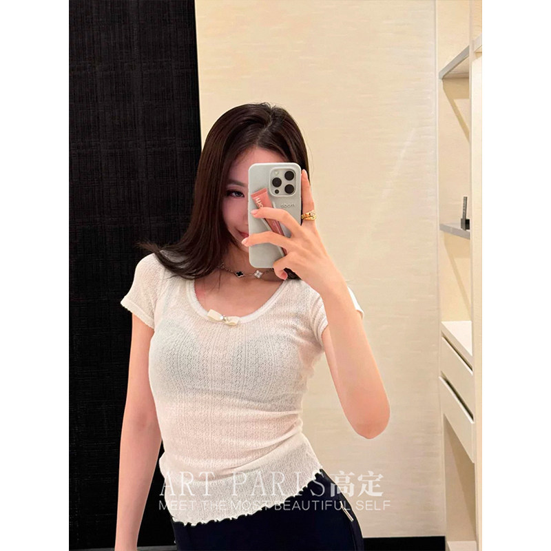 婴儿棉】区别市场~25c春夏白碎花修身针织衫打底小香风短袖T恤女