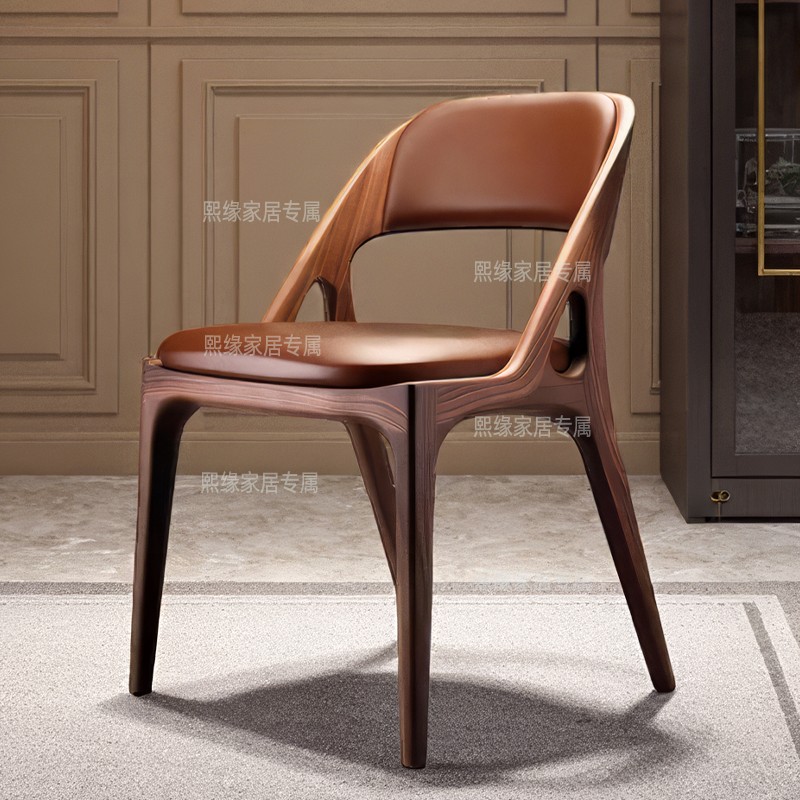 北美黑胡桃木2025新款人体工学餐椅真皮软包靠背椅实木休闲椅书椅