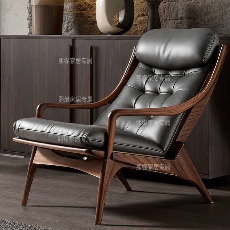 北美黑胡桃木新中式单人沙发椅简约大气客厅卧室人体工学真皮椅子