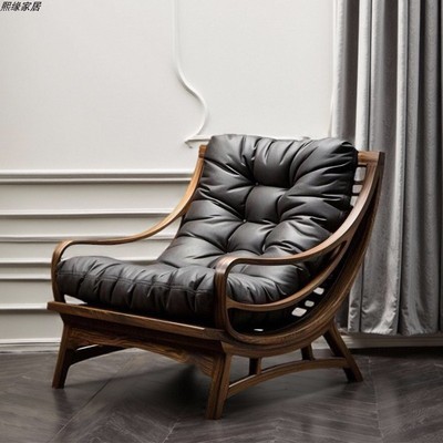 客厅单人沙发椅轻奢高级感北美黑胡桃木真皮实木沙发椅躺椅靠背椅