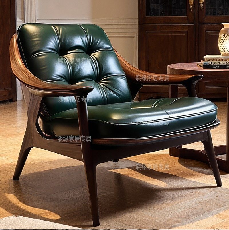 新中式北美黑胡桃木实木沙发椅靠背真皮橄榄绿软包高级休闲椅主椅,住宅家具,沙发椅,淘宝优惠券,粉丝福利购,淘宝优惠卷